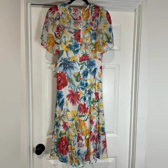 Calvin Klein White Floral Wrap Dress with Red, Yellow & Blue Blooms - Picture 3 of 5